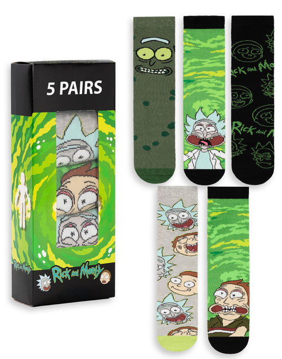 Rick And Morty Multi Character Mens Green Calf Socks Set of 5