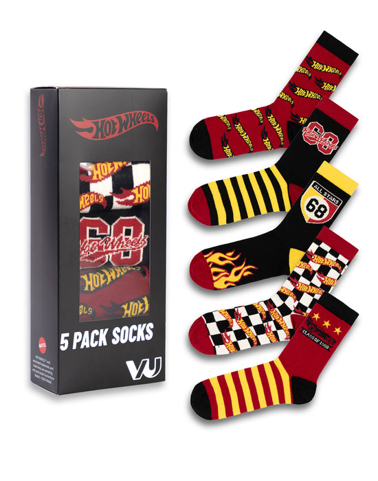 Hot Wheels Checkerboard and Flames Mens Multicoloured Calf Socks Set of 5