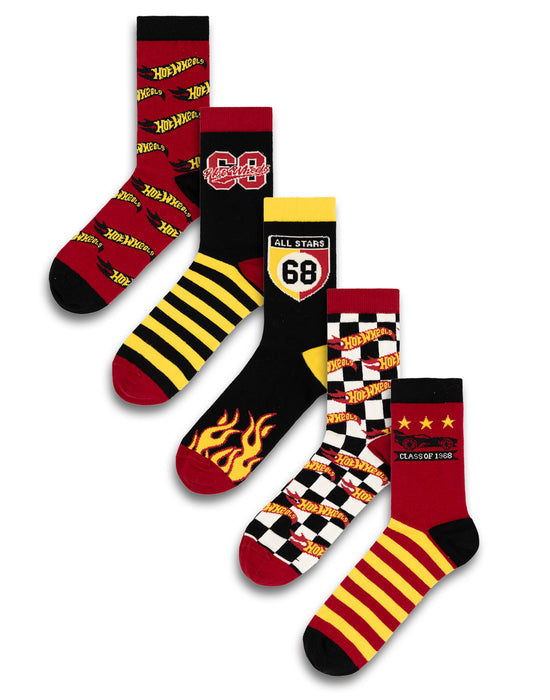 Hot Wheels Checkerboard and Flames Mens Multicoloured Calf Socks Set of 5