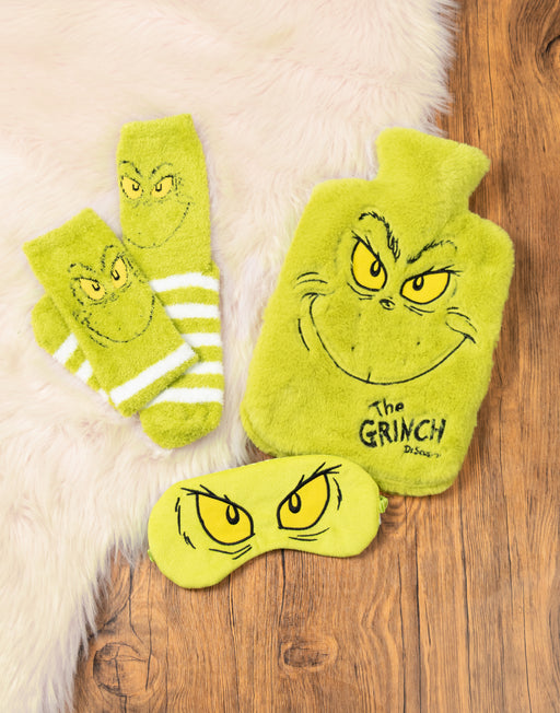 The Grinch Character Unisex Green Hot Water Bottle With Eye Mask and Socks