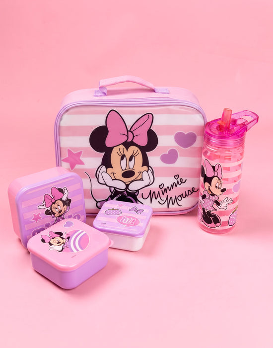Disney Minnie Mouse Hearts & Stars Girls Pink Lunch Bag Bottle and 3 Snack Pot