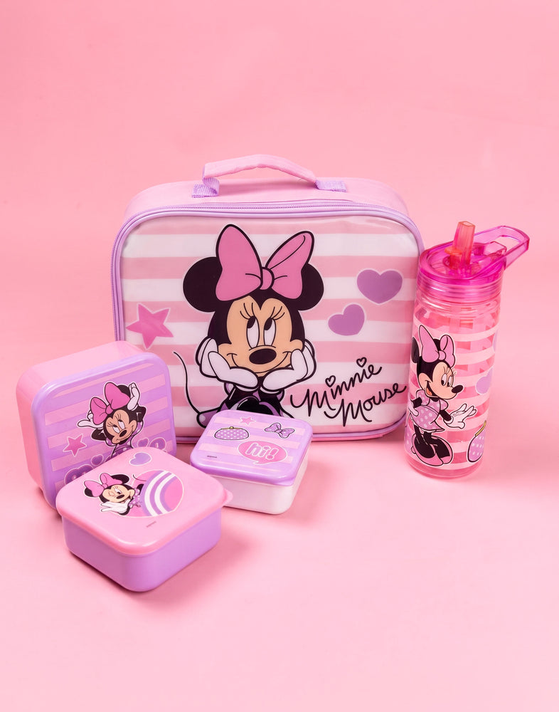 Disney Minnie Mouse Hearts & Stars Girls Pink Lunch Bag Bottle and 3 Snack Pot