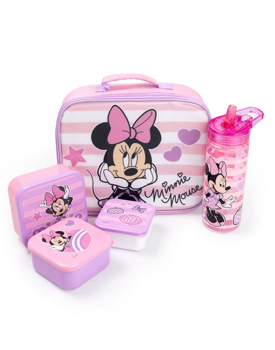 Disney Minnie Mouse Hearts & Stars Girls Pink Lunch Bag Bottle and 3 Snack Pot