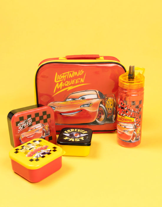 Disney Pixar Cars Lightning McQueen Boys Red Lunch Bag Bottle and 3 Snack Pot