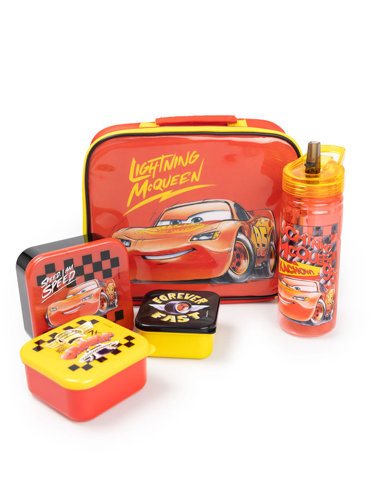 Disney Cars Lightning McQueen Boys Red Lunch Bag Bottle and 3 Snack Pot