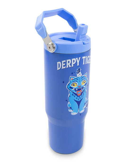 KPop Demon Hunters Derpy Tiger Unisex Kids Blue Straw Water Bottle
