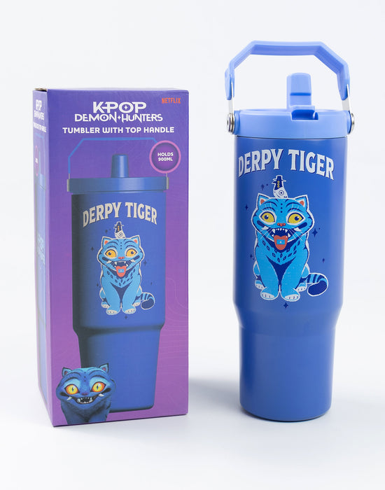 KPop Demon Hunters Derpy Tiger Unisex Kids Blue Straw Water Bottle