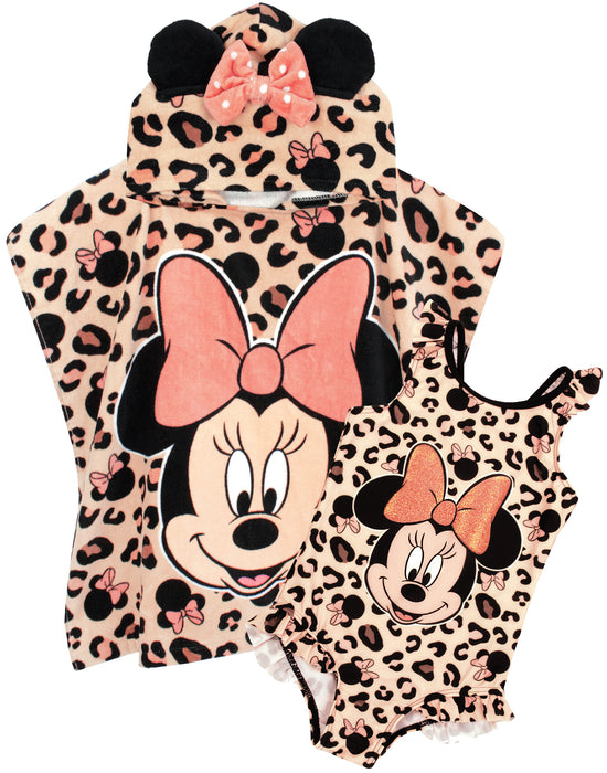 Disney Minnie Mouse Girls Pink Poncho Towel and 1 Piece Swimming Costume Set