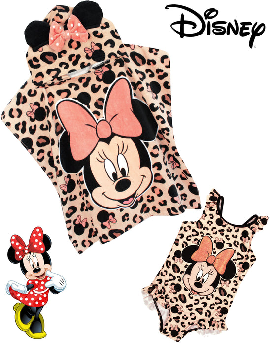 Disney Minnie Mouse Girls Pink Poncho Towel and 1 Piece Swimming Costume Set