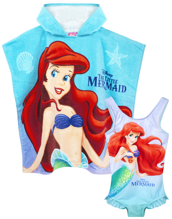 Disney Ariel Girls Blue Poncho Towel and 1 Piece Swimming Costume Set