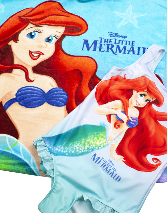 Disney Ariel Girls Blue Poncho Towel and 1 Piece Swimming Costume Set