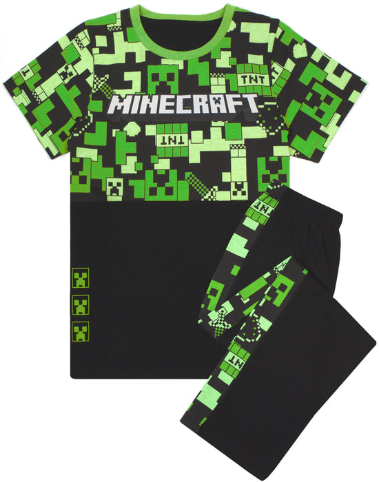 Minecraft Creeper All-Over Print & Logo Boys Green Short Sleeve Long Leg Pyjama Set