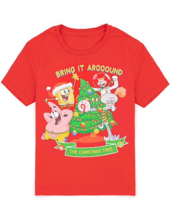 SpongeBob SquarePants Christmas Tree Kids Red Short Sleeved T-Shirt