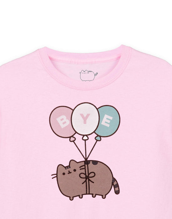 Pusheen Bye Balloons Girls Pink Short Sleeved T-Shirt