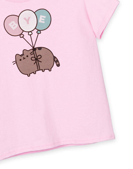 Pusheen Bye Balloons Girls Pink Short Sleeved T-Shirt