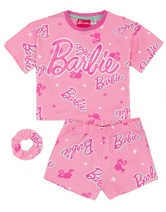 Barbie Girls Pink T-Shirt And Shorts Pyjamas With Scrunchie Set ...