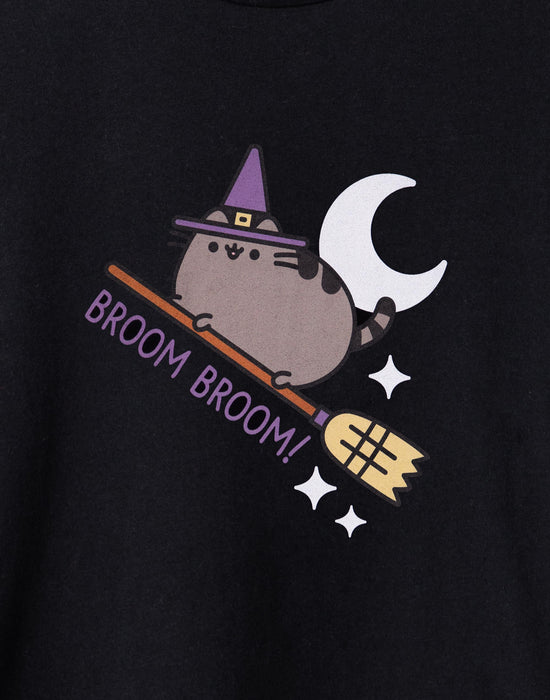 Pusheen Halloween Broom Broom Girls Black Short Sleeved T-Shirt