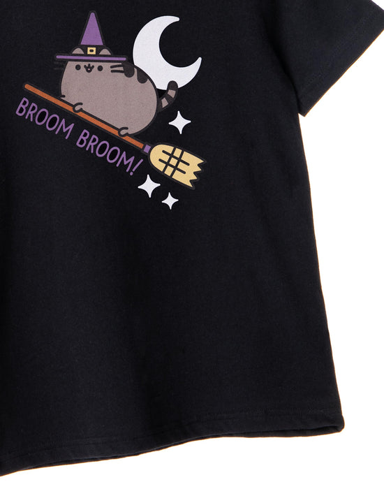Pusheen Halloween Broom Broom Girls Black Short Sleeved T-Shirt