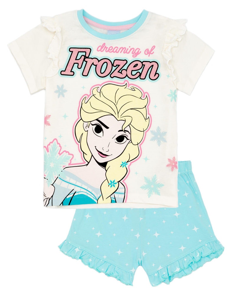 Disney Frozen Girls White Short Sleeve T-Shirt and Shorts Pyjamas