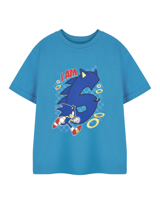 Sonic the Hedgehog Birthday Age Six Boys Blue Short Sleeved T-Shirt