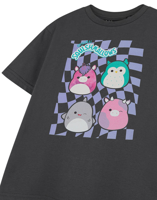 Squishmallows Checkerboard Girls Grey Short Sleeved T-Shirt