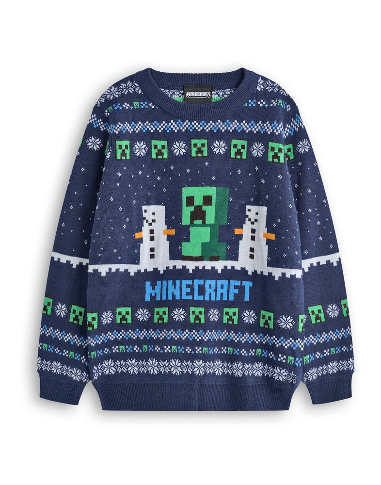 Minecraft Creeper Boys Blue Christmas Jumper