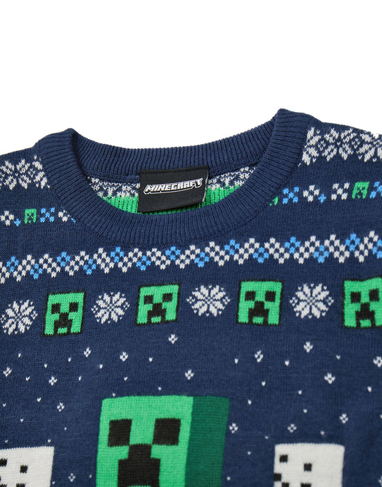 Minecraft Creeper Boys Blue Christmas Jumper