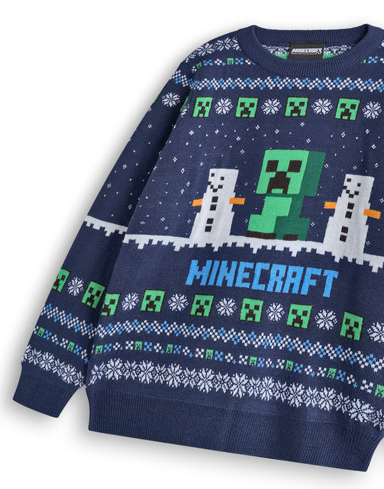 Minecraft Creeper Boys Blue Christmas Jumper