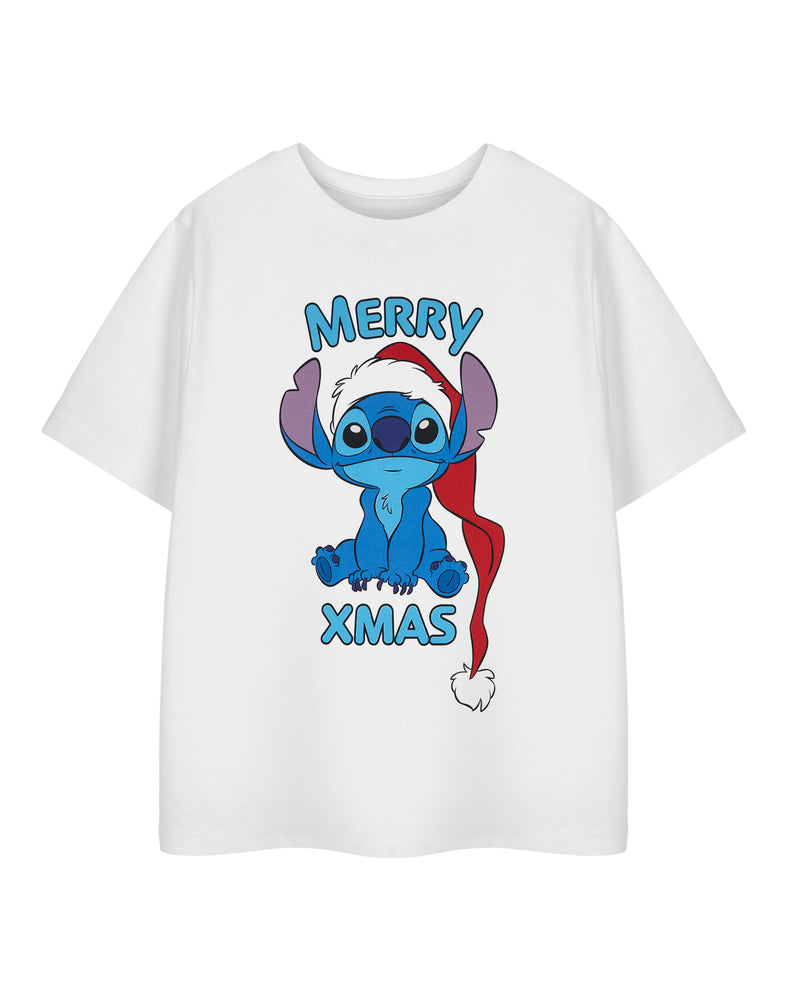 Disney Lilo & Stitch Merry Xmas Girls White Short Sleeved T-Shirt
