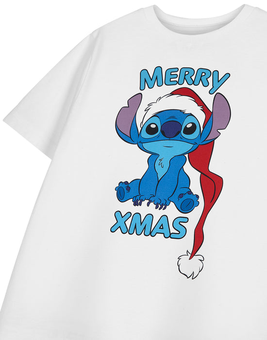 Disney Lilo & Stitch Merry Xmas Girls White Short Sleeved T-Shirt
