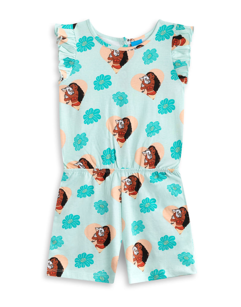 Disney Moana Multi Character AOP Girls Green Sleeveless Playsuit