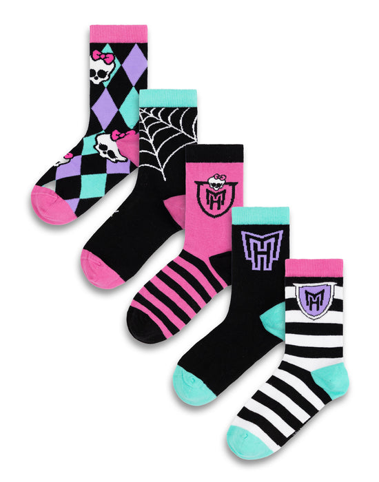 Monster High Skulls and Stripes Girls Multicoloured Calf Socks Set of 5