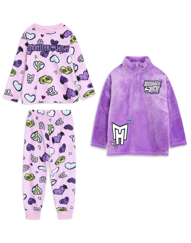 Monster High Hearts Girls Multicoloured Long Sleeve Long Leg Pyjama and Jumper 3 Piece Set