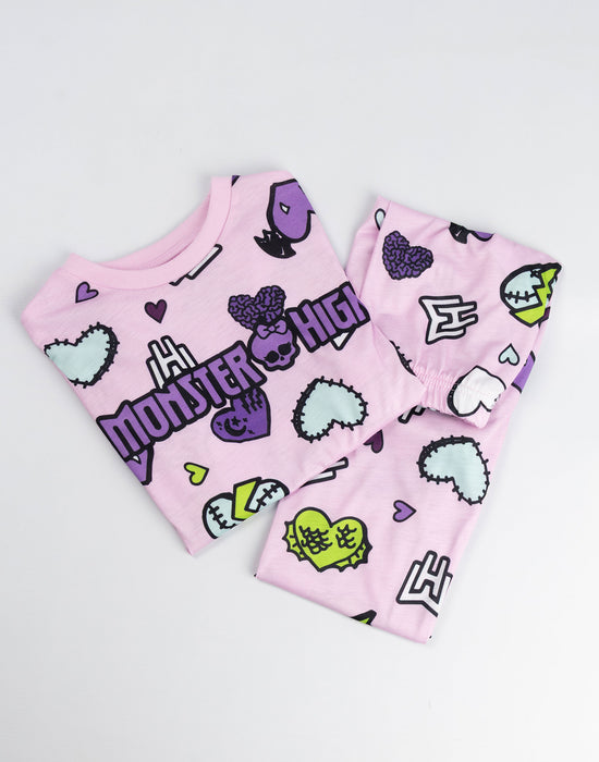 Monster High Hearts Girls Multicoloured Long Sleeve Long Leg Pyjama and Jumper 3 Piece Set
