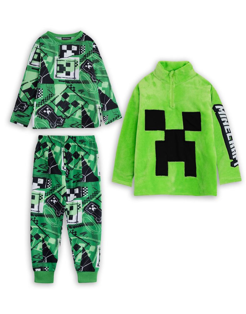 Minecraft Creeper Boys Green Long Sleeve Long Leg Pyjama and Jumper 3 Piece Set