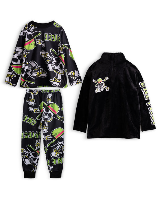One Piece Skulls Boys Black Long Sleeve Long Leg Pyjama and Jumper 3 Piece Set
