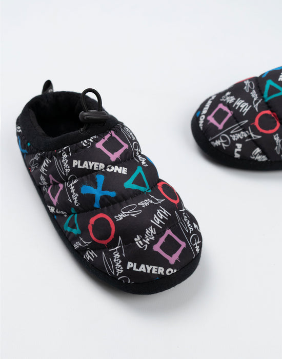 PlayStation Controller Symbols Boys Black Slip On Loafer Slippers