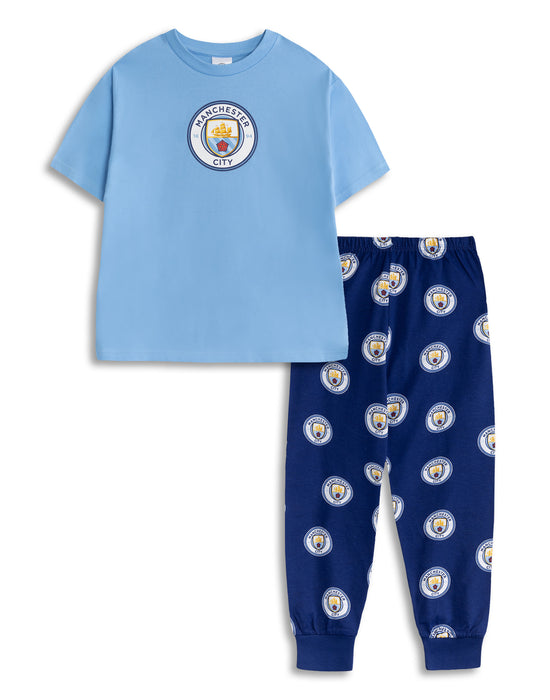 Manchester City Logo Boys Multicoloured Short Sleeve Long Leg Pyjama Set