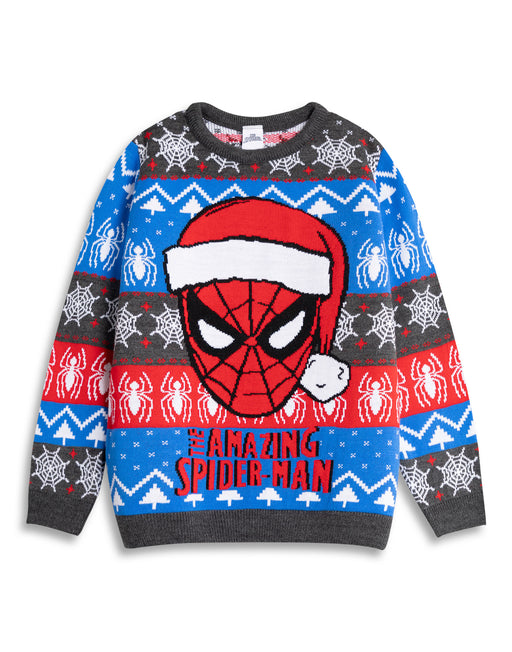 Spiderman Character Face Boys Blue Christmas Jumper