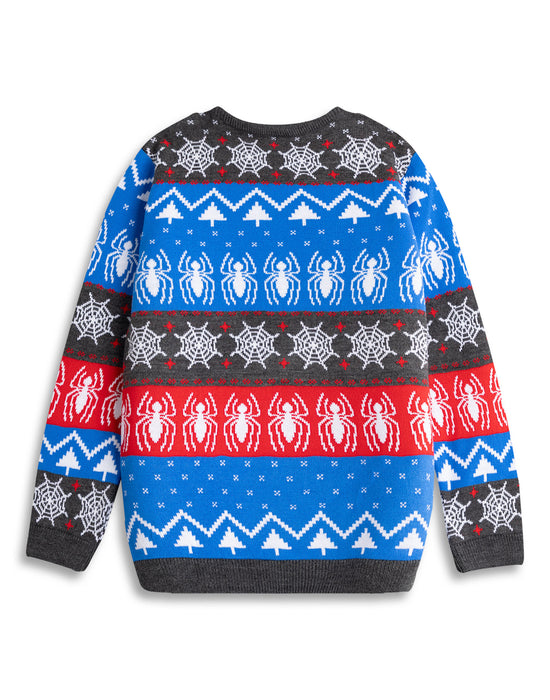 Spiderman Character Face Boys Blue Christmas Jumper