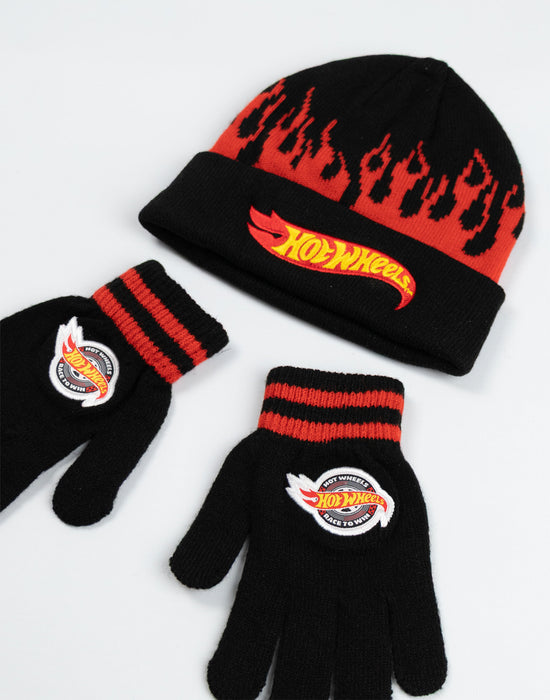 Hot Wheels Character Unisex Kids Black Beanie and Gloves Set