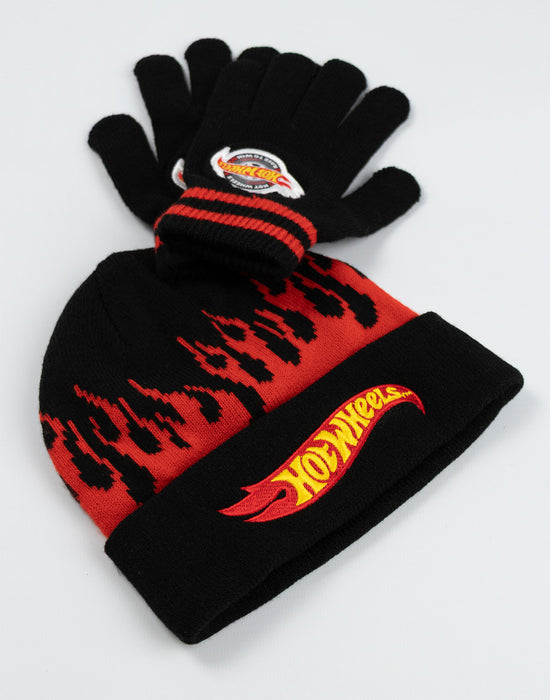 Hot Wheels Character Unisex Kids Black Beanie and Gloves Set