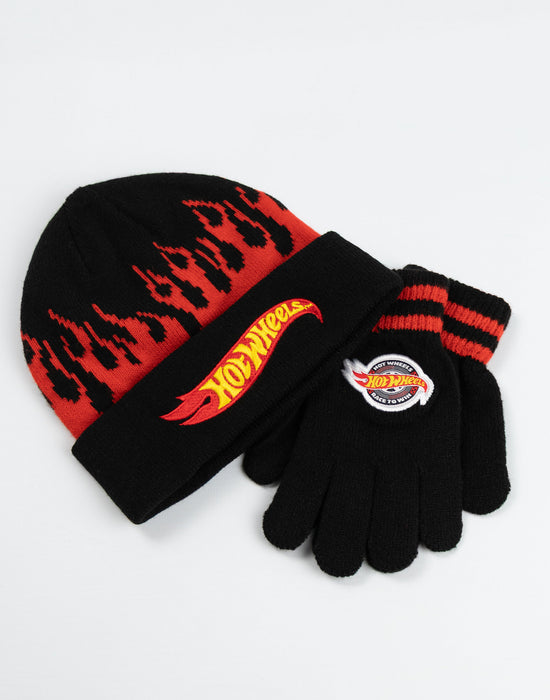 Hot Wheels Character Unisex Kids Black Beanie and Gloves Set