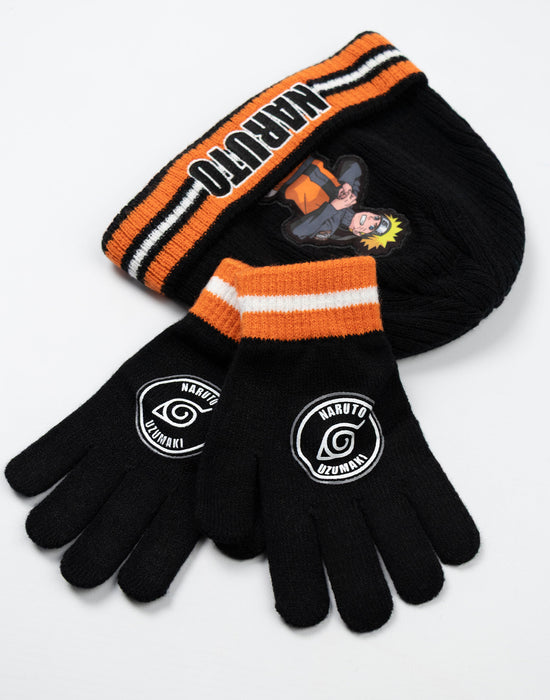 Naruto Character Boys Black Beanie and Gloves Set
