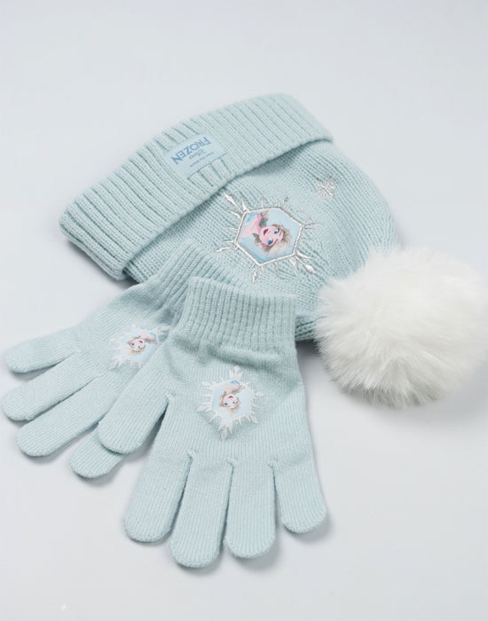 Disney Frozen Girls Blue Beanie and Gloves Set
