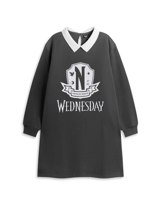 Wednesday Unitas Est Invicta Girls Black Sweatshirt Dress