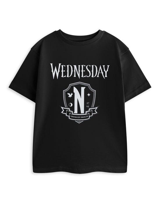 Wednesday Unitas Est Invicta Girls Black Short Sleeved T-Shirt