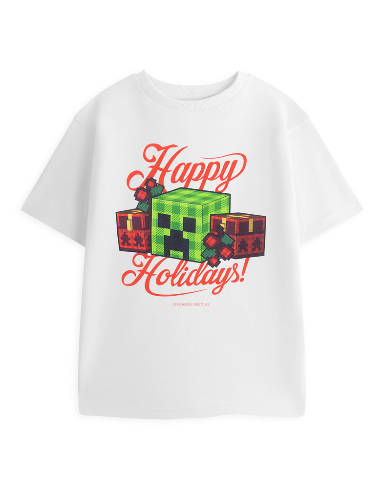 Minecraft Happy Holidays Boys White Short Sleeved T-Shirt