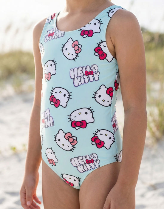 Hello Kitty Character AOP Girls Blue 1 Piece Swimming Costume