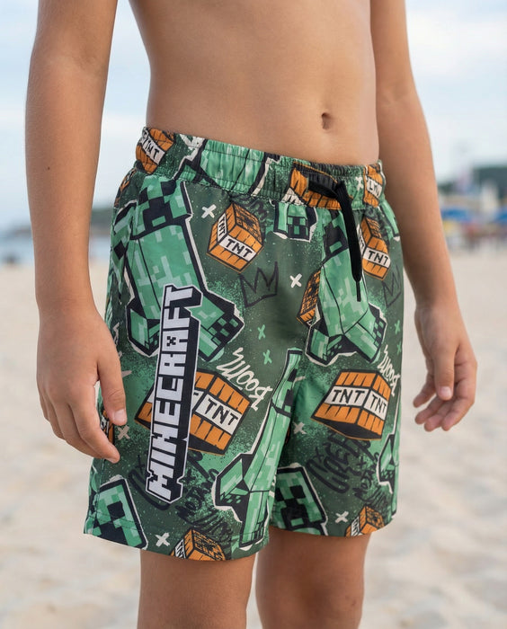 Minecraft Grafitti All Over Print Boys Green Swim Shorts